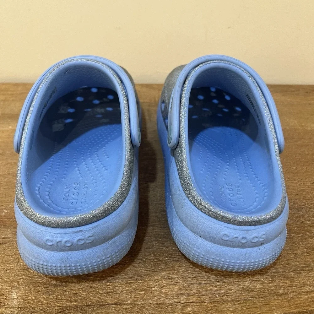 Crocs‎ Kids C13 Platform Clogs Blue Glitter Classic Comfort Strap Slip On Shoes